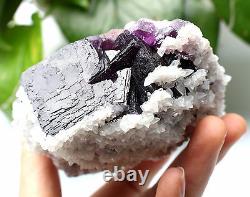 1.6lb NATURAL Purple FLUORITE with Calcite Crystal Cluster Mineral Specimen