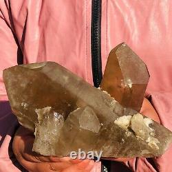 1.95LB Natural Transparent Yellow Brown Quartz Crystal Cluster For Healing 973