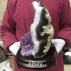 14.9LB Natural amethyst cluster quartz crystal geode specimen healing+standUN189