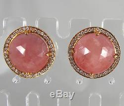 18K Rose Gold Diamond Pink Rose Quartz Round LONDON Jewelers Signed Earrings