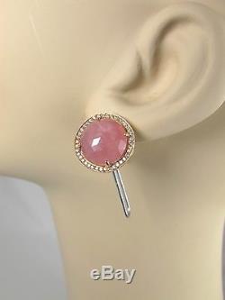 18K Rose Gold Diamond Pink Rose Quartz Round LONDON Jewelers Signed Earrings