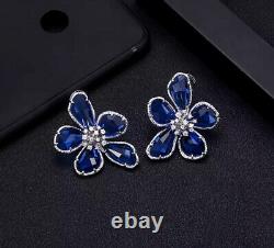 18k White Gold GF Flower Earrings made w Swarovski Blue Stone Designer Inspired