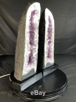 21 PAIR AMETHYST CATHEDRAL GEODE CRYSTAL QUARTZ CLUSTER SPECIMEN With BASE