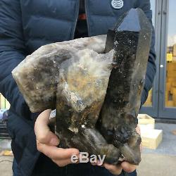 22.7LB Natural smokey quartz cluster crystal mineral specimen healing+stand