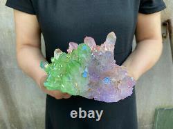 3.3LB titanium rainbow aura quartz cluster point healing crystal specimen reiki