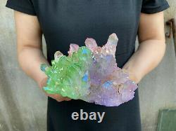 3.3LB titanium rainbow aura quartz cluster point healing crystal specimen reiki