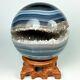3.45 Polished Agate Sphere With Crystal Cluster Center Withwood Stand Brazil A227
