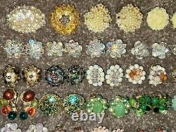 38 Vintage Cluster Bead AB Rhinestone Clip On Earrings + 2 Brooch Lot