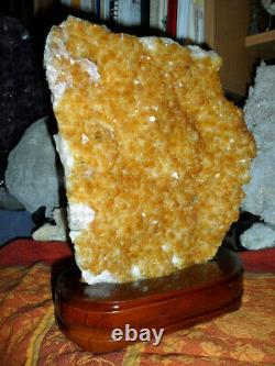 9 Natural Large Citrine Geode Quartz Gemstone Cluster on a Wooden Base