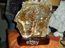 9 Natural Large Citrine Geode Quartz Gemstone Cluster on a Wooden Base