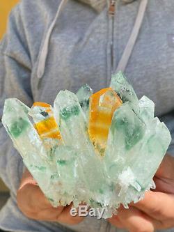 925g Large Clear Green Phantom Quartz Crystal Cluster Healing Mineral Specimen