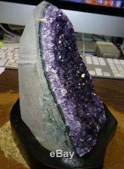 Amethyst Crystal Cluster Geode From Uruguay Cathedral With Wood Stand