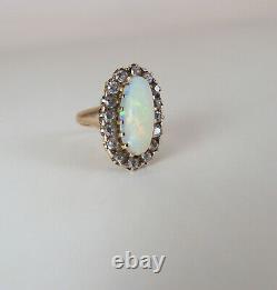 Antique Victorian 14k Rose Gold Crystal Opal & Old Mine Cut Diamond Halo Ring