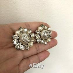 Authentic CHANEL Light Gold Crystal Pearl Cluster Stud Earrings Hallmark Stamp