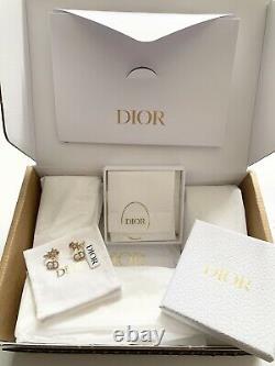 Authentic DIOR CLAIR D LUNE Gold-Finish Metal White Crystal STUD Earrings BNIB