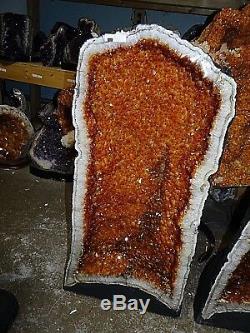Beautiful Large 27.5 In. Brazilian Citrine Crystal Cathedral Cluster Geode Pair