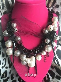 Betsey Johnson Vintage Black Lucite Skull Tulle Pearl Cluster Spike Necklace