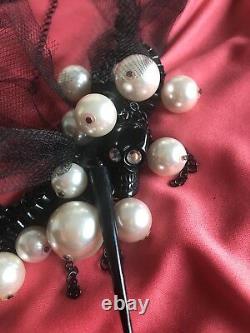 Betsey Johnson Vintage Black Lucite Skull Tulle Pearl Cluster Spike Necklace
