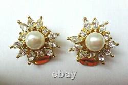 CHRISTIAN DIOR Earrings, Crystal Faux Pearl Gold Tone Clip-ons, SIGNED, Vintage