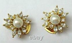 CHRISTIAN DIOR Earrings, Crystal Faux Pearl Gold Tone Clip-ons, SIGNED, Vintage