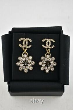 Chanel 20S Crystal Strass Cluster Curb Gold CC Logo Large Dangle Drop Earrings