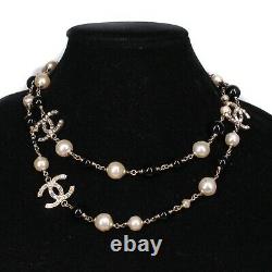 Chanel CC Pearl Necklace 3 CC Long Black & White Rhinestone Crystal