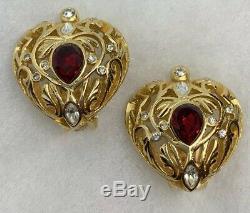 Christian Dior Heart Earrings Ruby Red Crystal Gold-tone Finish Vintage Designer