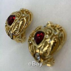 Christian Dior Heart Earrings Ruby Red Crystal Gold-tone Finish Vintage Designer