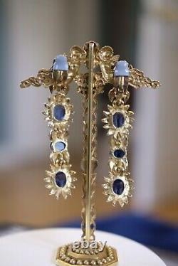 Ciner Stunning 18k Gold Plated Sapphire Cabochon Chandelier Earrings Marked
