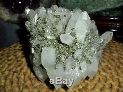 Crystal Point Quartz Huge Cluster and Pyrite on White Stone Gorgeous