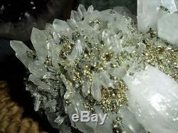 Crystal Point Quartz Huge Cluster and Pyrite on White Stone Gorgeous