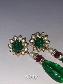 KJL Kenneth Lane Faux Emerald Crystal Faux Ruby Starburst Drop Earrings Clip On