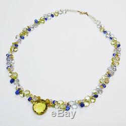 Kyanite Lemon Quartz Aquamarine 19 Cluster Necklace With 18K Solid Gold Clasp