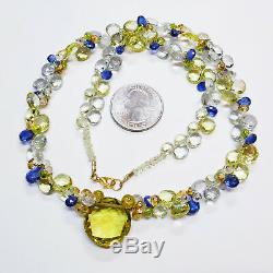 Kyanite Lemon Quartz Aquamarine 19 Cluster Necklace With 18K Solid Gold Clasp