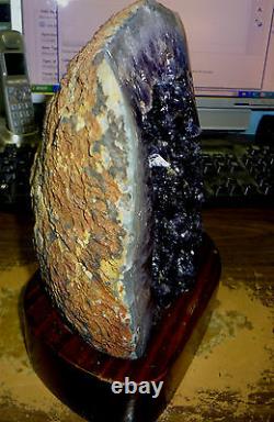 LARGE AMETHYST CRYSTAL CLUSTER CATHEDRAL GEODE FROM URUGUAY With WOOD STAND