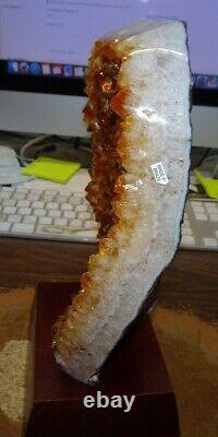 LARGE POLISHED CITRINE CRYSTAL CLUSTER GEODE BRAZIL CATHEDRAL With WOOD BASE
