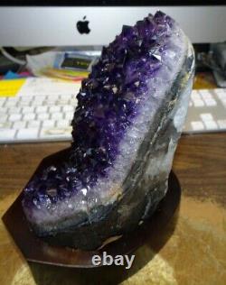 LARGE URUGUAY AMETHYST CRYSTAL CLUSTER CATHEDRAL GEODE With WOOD BASE