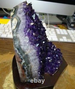 LARGE URUGUAY AMETHYST CRYSTAL CLUSTER CATHEDRAL GEODE With WOOD BASE