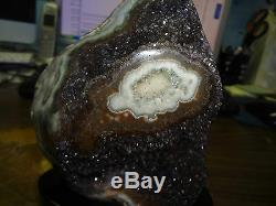 LARGE URUGUAY AMETHYST CRYSTAL CLUSTER GEODE With WOODEN STAND STALACTITE BASE
