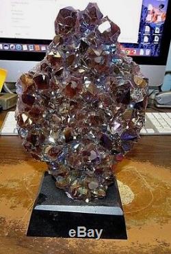 LG. METALIZED AMETHYST CRYSTAL CLUSTER GEODE FROM BRAZIL CATHEDRAL With WOOD BASE