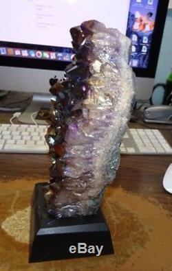 LG. METALIZED AMETHYST CRYSTAL CLUSTER GEODE FROM BRAZIL CATHEDRAL With WOOD BASE