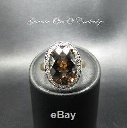 Large 9K 9ct Gold Smokey Quartz & Diamond Halo Cocktail Ring Size L 3.8g 6 carat