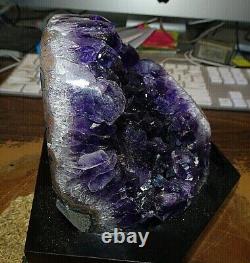Large Amethyst Crystal Cluster Cathedral Geode From Uruguay Wood Stand