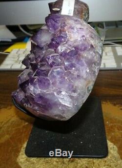 Large Amethyst Crystal Cluster Heart Geode F/ Brazil Cathedral Steel Stand