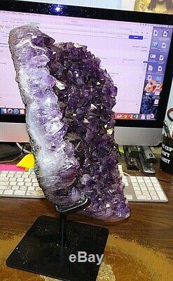 Large Amethyst Crystal Cluster Heart Geode F/ Brazil Cathedral Steel Stand