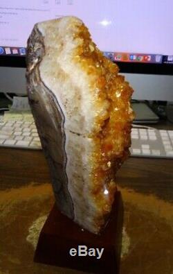 Large Citrine Crystal Cluster Geode F/ Brazil Cathedral Wood Stand