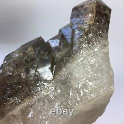 Large Smoky Elestial Quartz Cluster On Wooden Stand Brazil