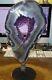 Lg. Amethyst Crystal Cluster Cathedral Geode F/ Uruguay Agate Slab Steel Stand