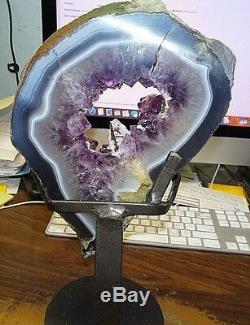 Lg Amethyst Crystal Cluster Cathedral Geode F/ Uruguay Agate Slab Steel Stand