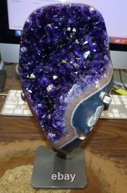 Lg. Amethyst Crystal Cluster Cathedral Geode F/ Uruguay Agate Steel Stand